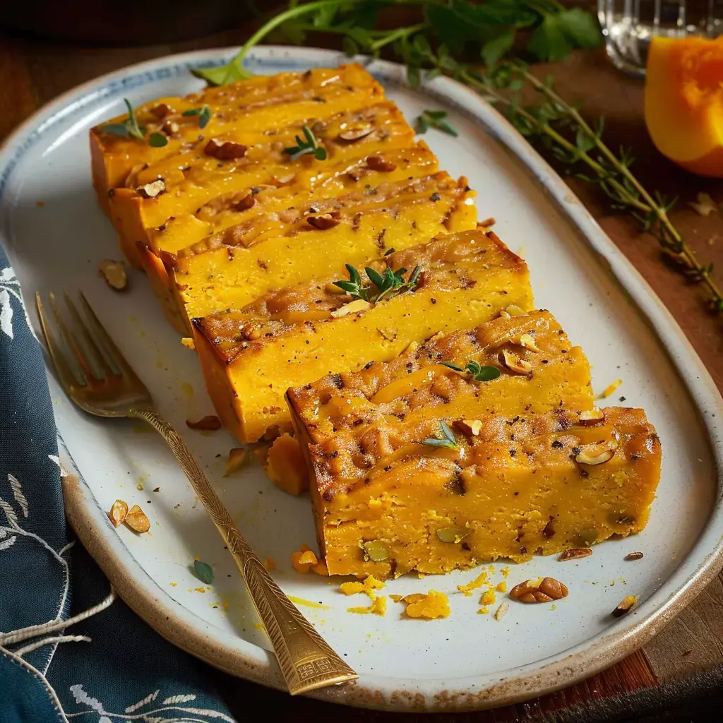 Une terrine de potiron coupée en parts, décorée de cerneaux et de brin de thym, servie dans une assiette rustique.