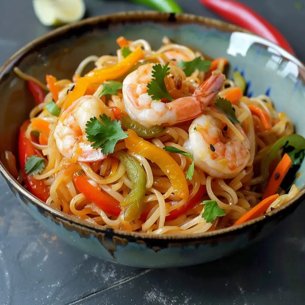 Un bol de nouilles aux crevettes avec des poivrons multicolores et de la coriandre fraîche, sur fond sombre.
