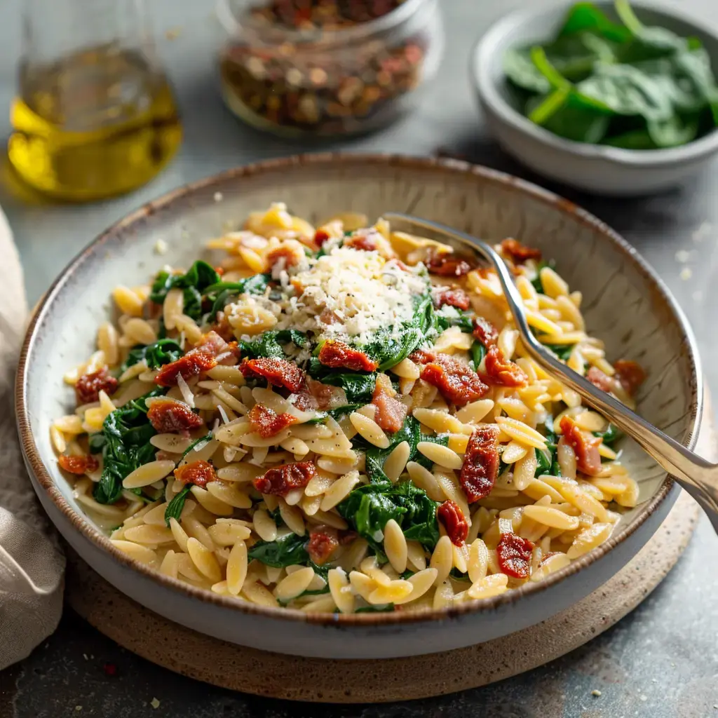 Un plat d'orzo aux épinards et lardons, parsemé de comté râpé, avec un filet d'huile d'olive et des herbes de Provence