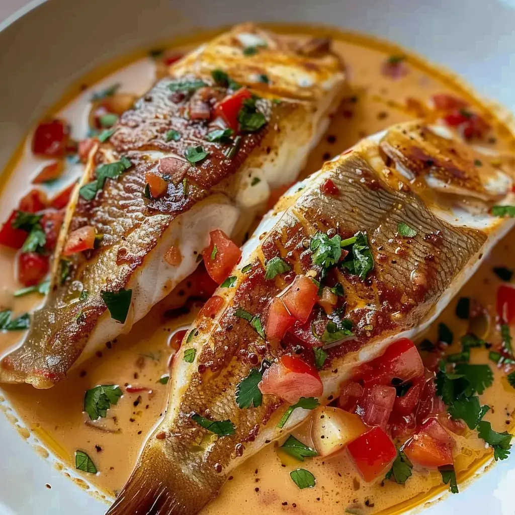 Filets de poisson dorés baignant dans une sauce colorée, parsemés de tomates et d'herbes fraîches.