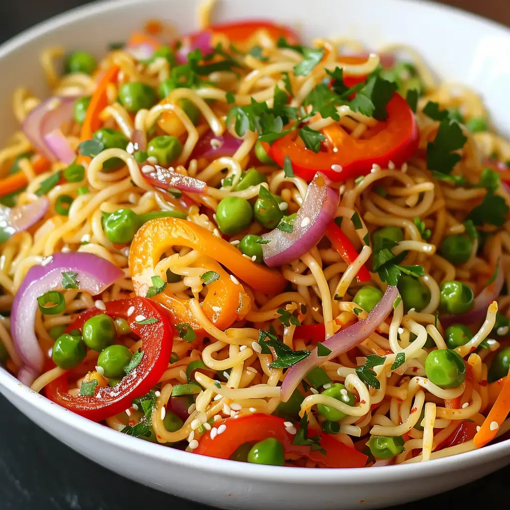 Wok de nouilles aux légumes colorés avec petits pois, poivrons et herbes fraîches dans un bol en céramique