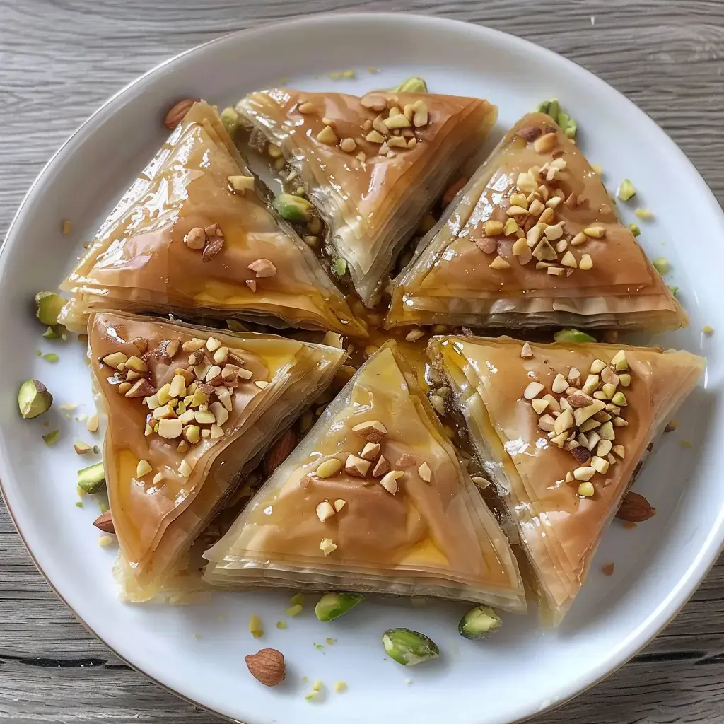 Baklava traditionnel présenté en losanges dorés, garni de pistaches concassées