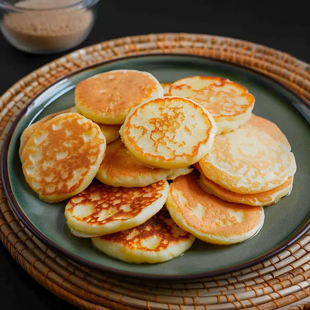 Des blinis dorés empilés dans une assiette avec un petit bol de sauce en arrière-plan.