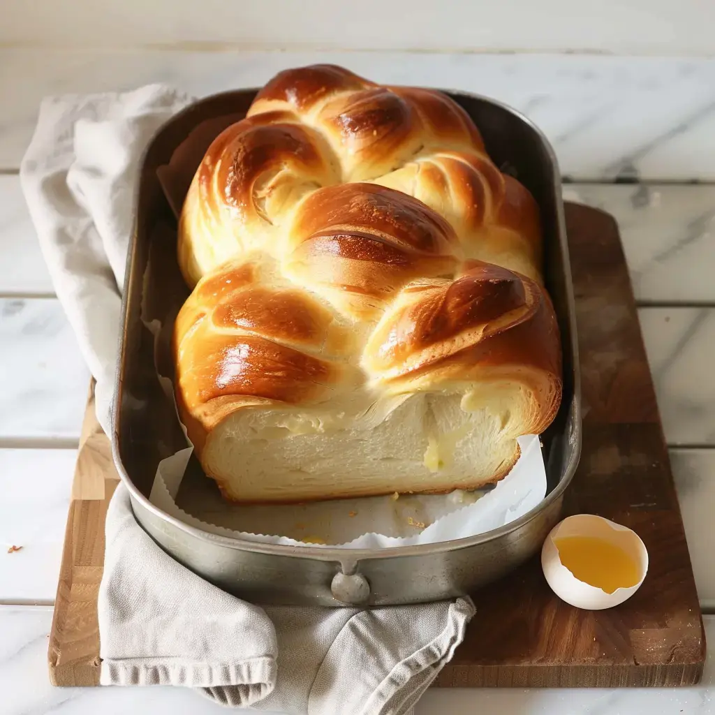 Une brioche dorée et tressée repose dans un moule métallique à côté d'une coquille d'œuf brisée.