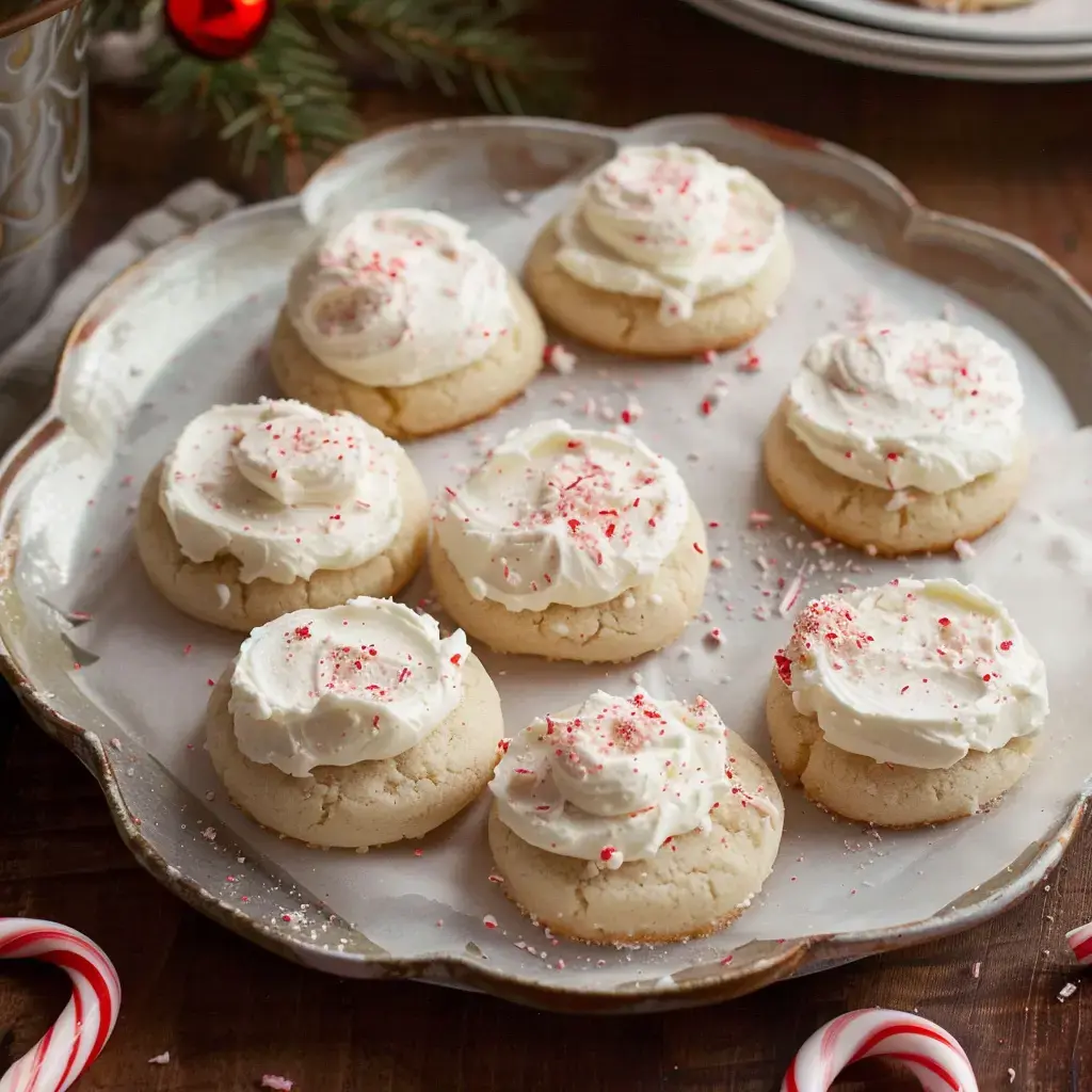 Des biscuits ronds avec glaçage blanc et morceaux de sucre d'orge disposés sur un plateau argenté.
