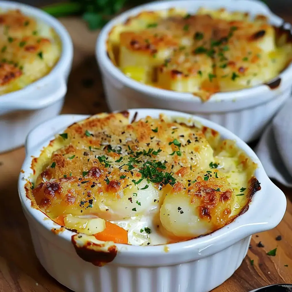 Des plats individuels de gratin de légumes, garnis de crème et de chapelure dorée, sont disposés sur une surface en bois.