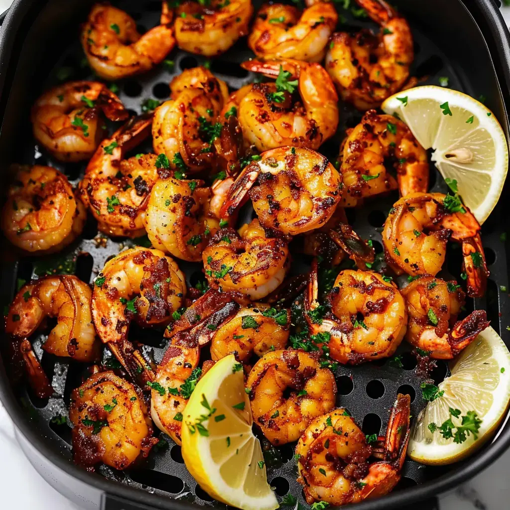 Crevettes dorées à l'air fryer garnies de persil frais et quartiers de citron de Menton