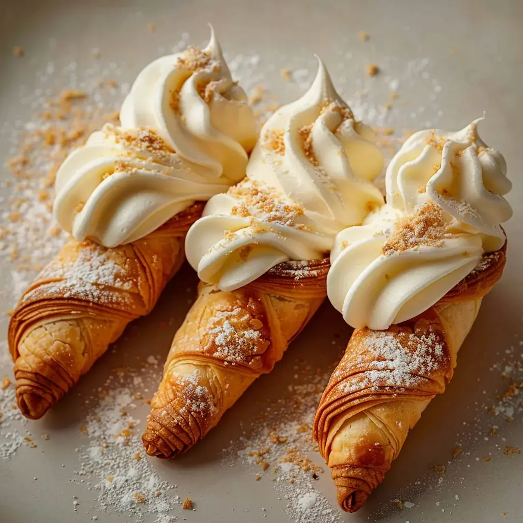 Trois tubes pâtissiers débordant de crème onctueuse, parsemés de miettes dorées et saupoudrés de sucre glace.