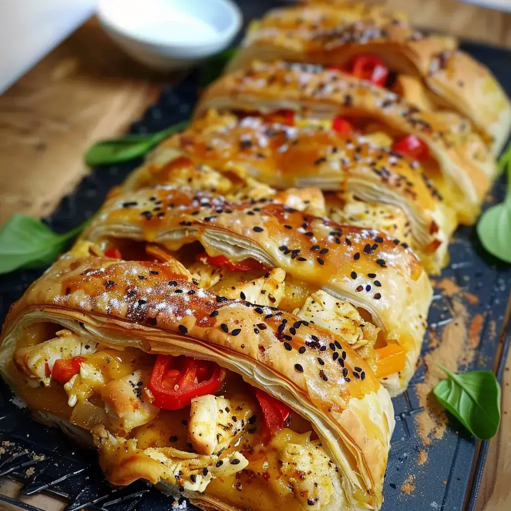 Une tresse feuilletée dorée garnie de poulet et légumes, parsemée de graines de pavot