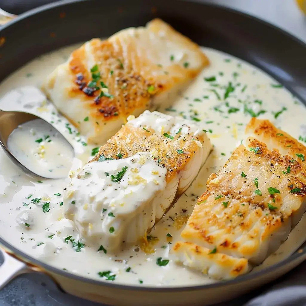 Des morceaux de cabillaud dorés nappés de sauce crémeuse, avec du persil frais et du zeste de citron, servis dans une poêle en fonte.