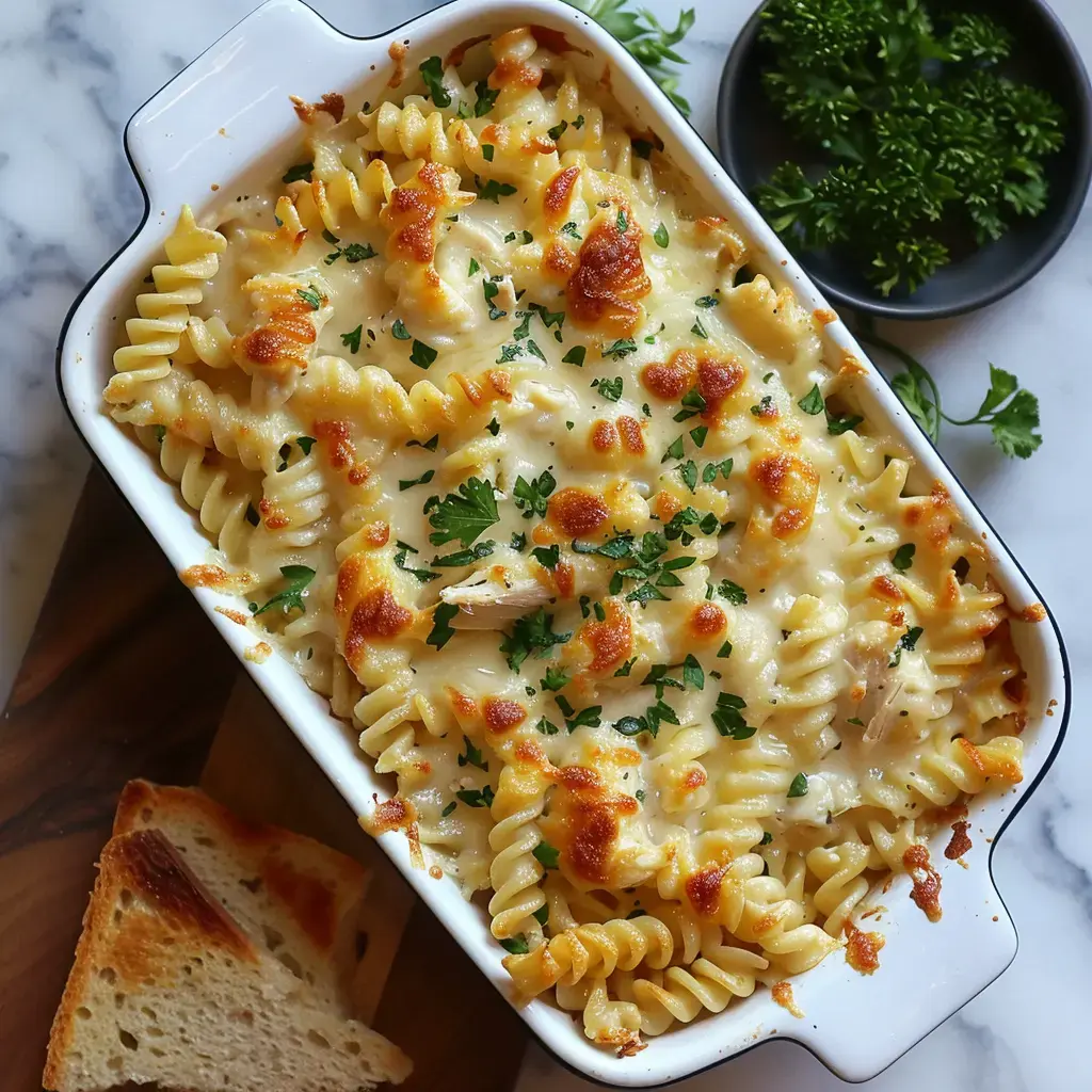 Un gratin de pâtes crémeux recouvert de fromage doré et décoré de persil, servi avec des tranches de pain grillé.