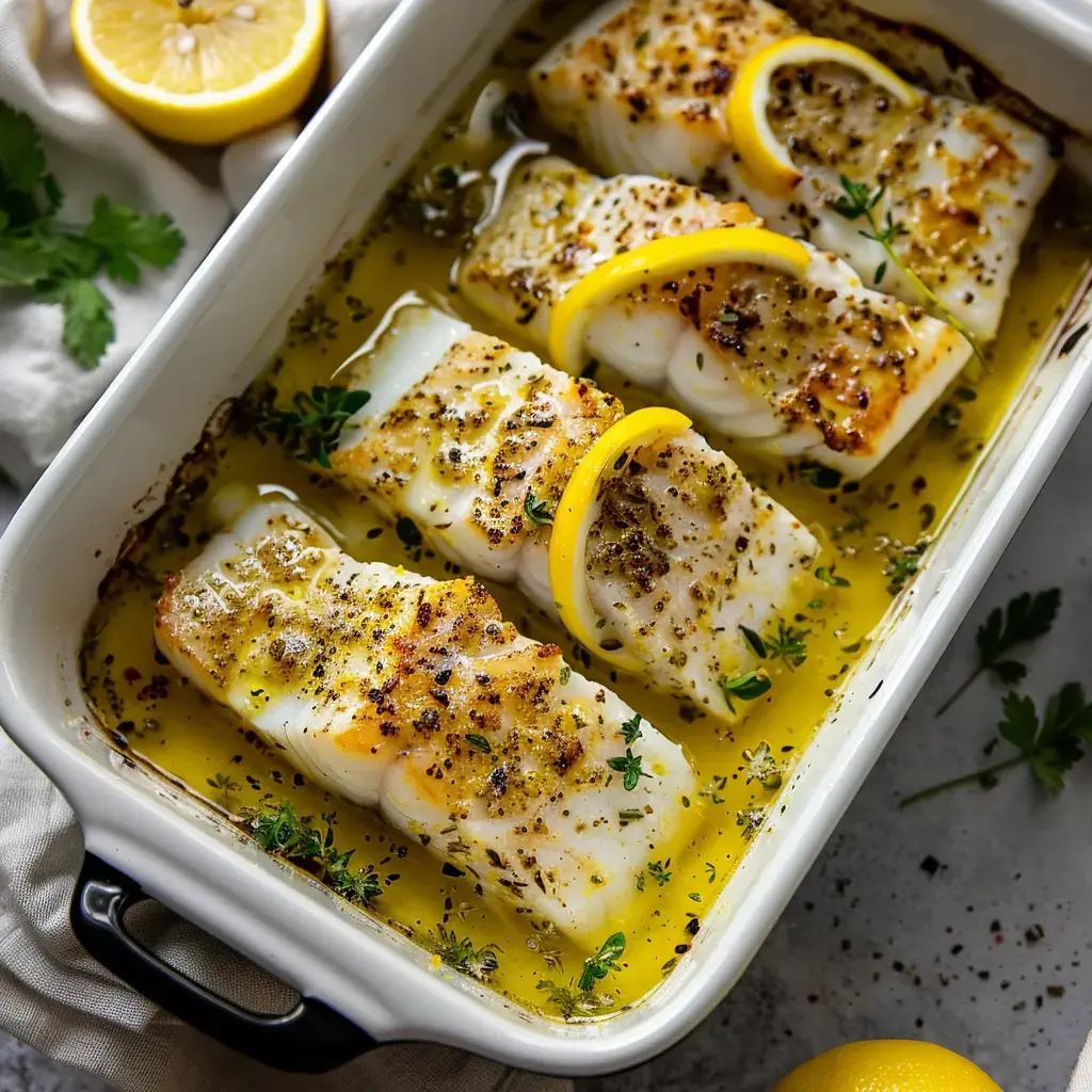 Morceaux de poisson dorés au four avec rondelles de citron et herbes, servis dans un plat brillant d'huile d'olive.