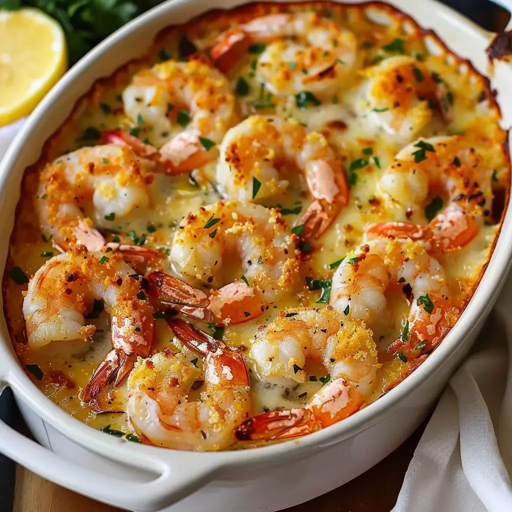 Plat aux gambas dorées avec chapelure croustillante et persil frais.