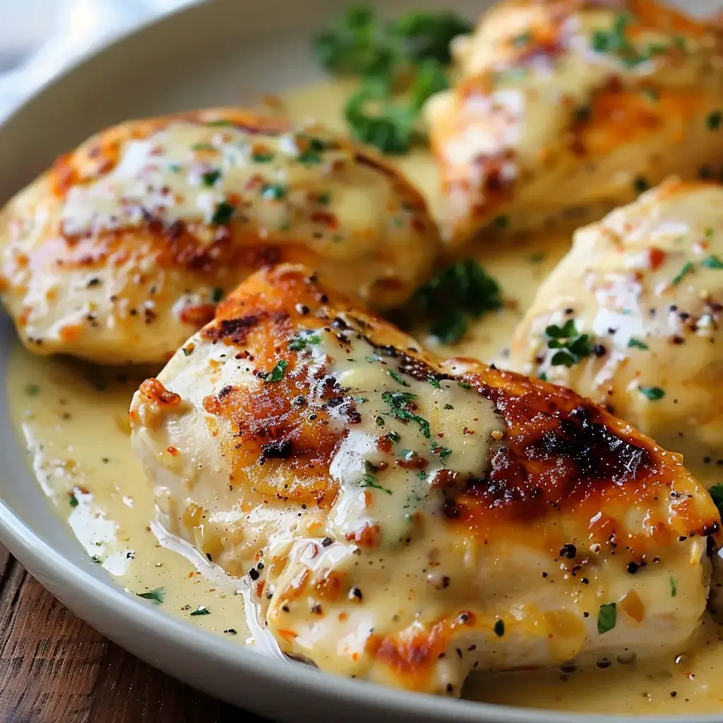 Blanc de poulet cuit dans un mélange crémeux, parsemé de persil, présenté dans une assiette beige.