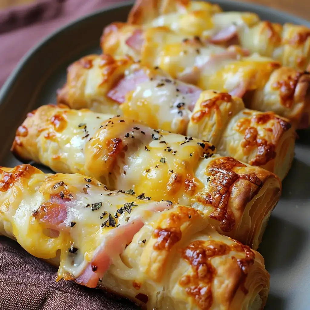 Des feuilletés dorés au jambon et fromage parsemés d'herbes fraîches.