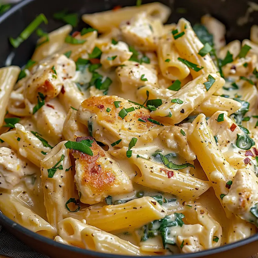 Des pâtes onctueuses accompagnées de poulet rôti et d'épinards, avec une touche de persil frais.
