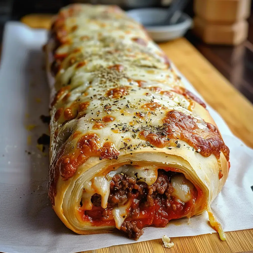 Un pain farci au bœuf haché et fromage fondu, parsemé d'herbes, présenté sur une planche en bois.