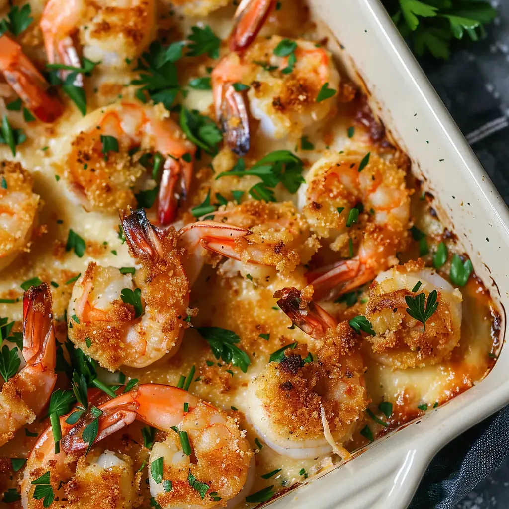 Un plat de crevettes au four recouvert de chapelure dorée et garni de persil frais.