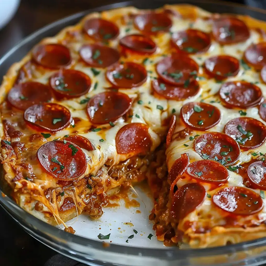 Un gâteau pizza pepperoni au fromage coulant garni d'herbes, avec une portion découpée.