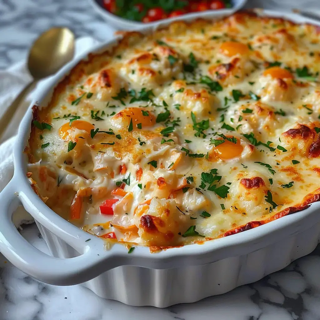 Un gratin doré et appétissant, avec un mélange crémeux, des morceaux de crabe, une sauce onctueuse, des œufs et des légumes, décoré de persil frais.
