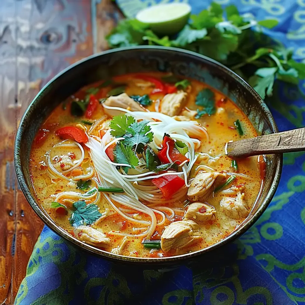Un bol rempli de soupe aux nouilles avec des morceaux de poulet, des poivrons et de la coriandre, accompagné d'un quartier de citron vert.