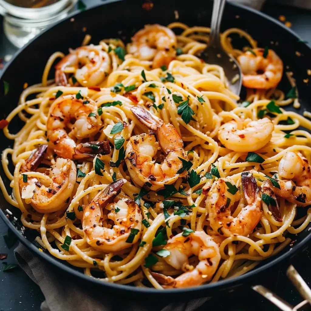 Un plat noir garni de pâtes aux crevettes et du persil frais.