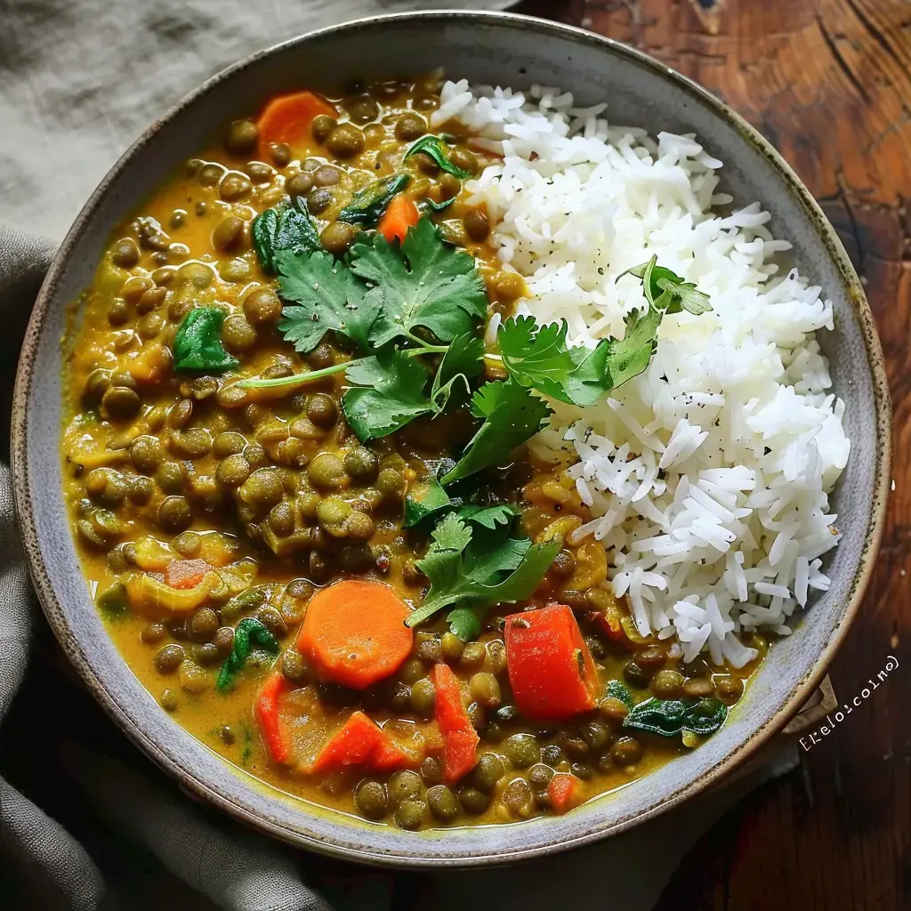 Un curry de lentilles vertes aux légumes, accompagné de riz basmati et parsemé de coriandre fraîche