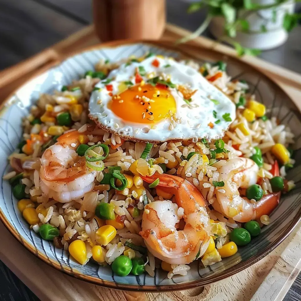 Bol de riz sauté aux crevettes garni de légumes colorés et d'un œuf au plat
