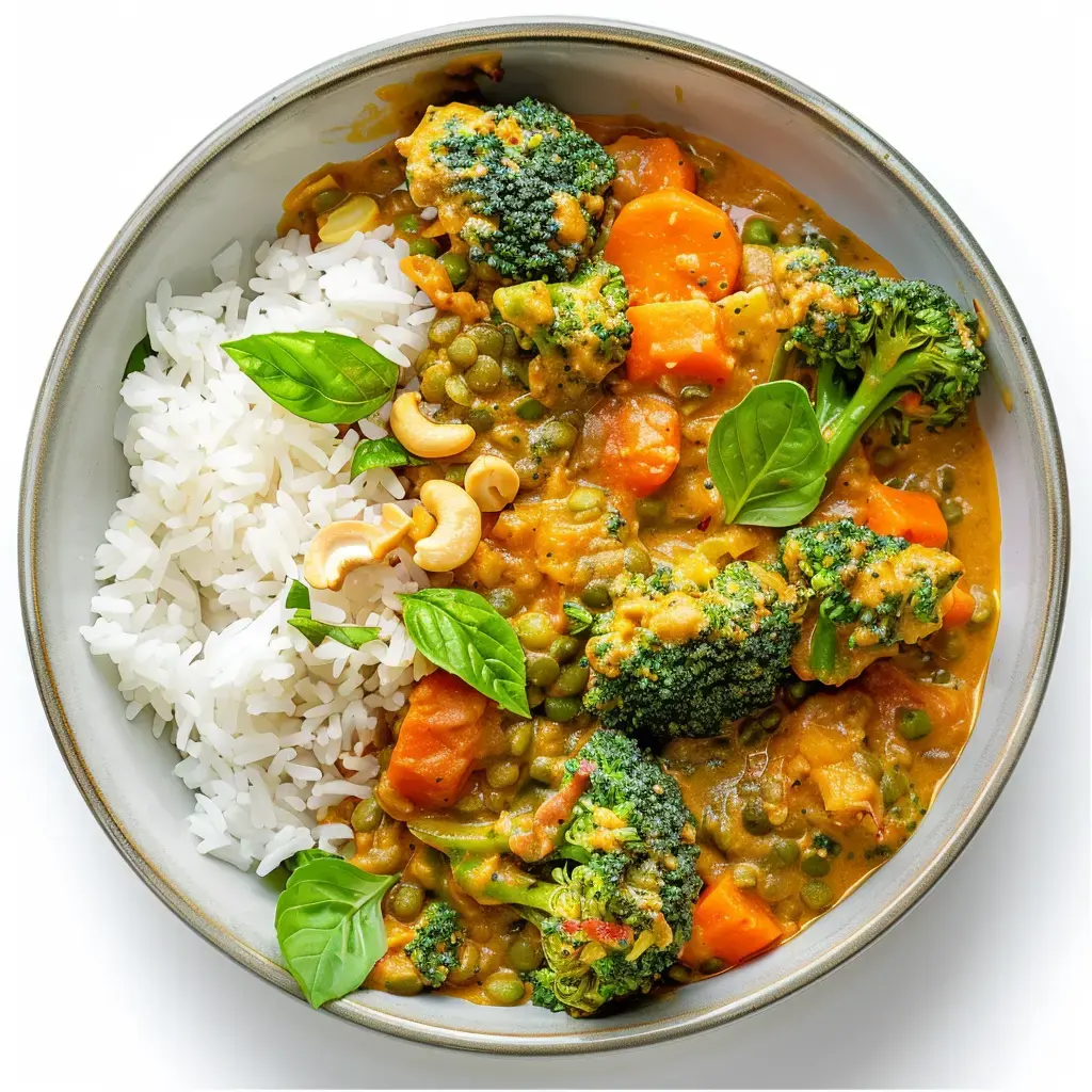 Curry végétarien coloré servi dans un bol artisanal, garni de brocolis, carottes, lentilles corail, noix de cajou sur riz basmati avec feuilles de basilic frais