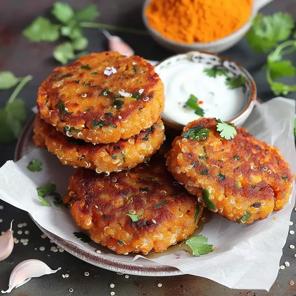 Des galettes dorées de quinoa, accompagnées de fromage blanc fermier et d'herbes fraîches