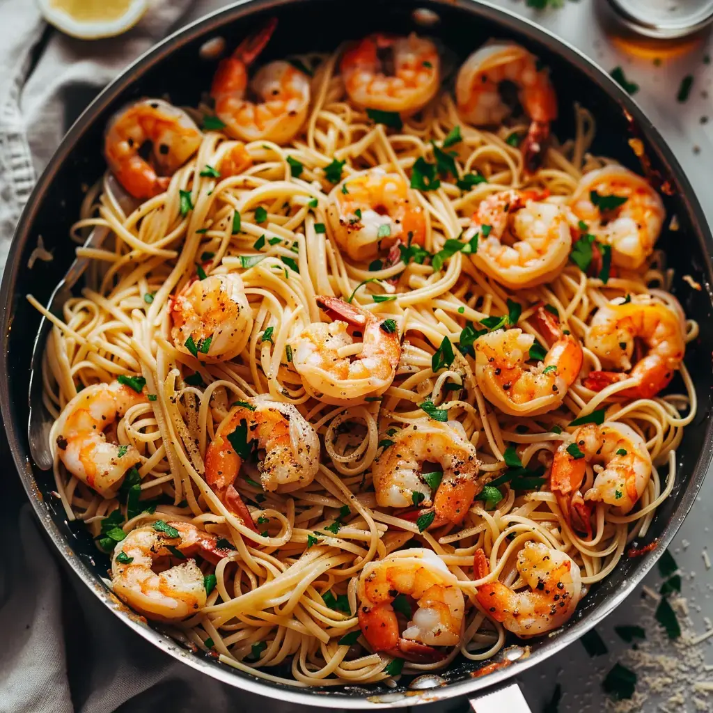 Un plat de linguine aux gambas parfumé au persil frais, présenté dans une poêle en fonte.