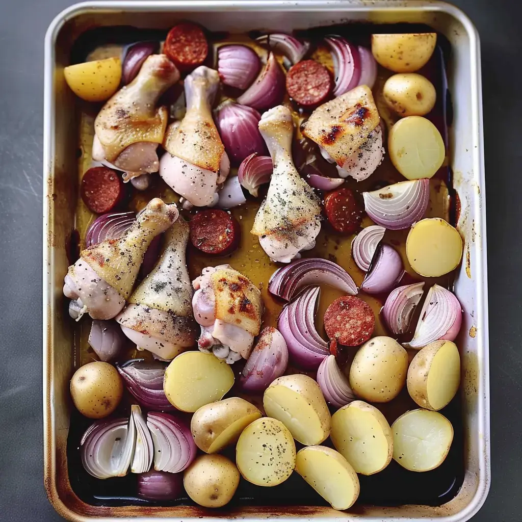 Plat de cuisses de poulet rôti, saucisson sec, oignons rouges et pommes de terre dorées sur une plaque de cuisson.