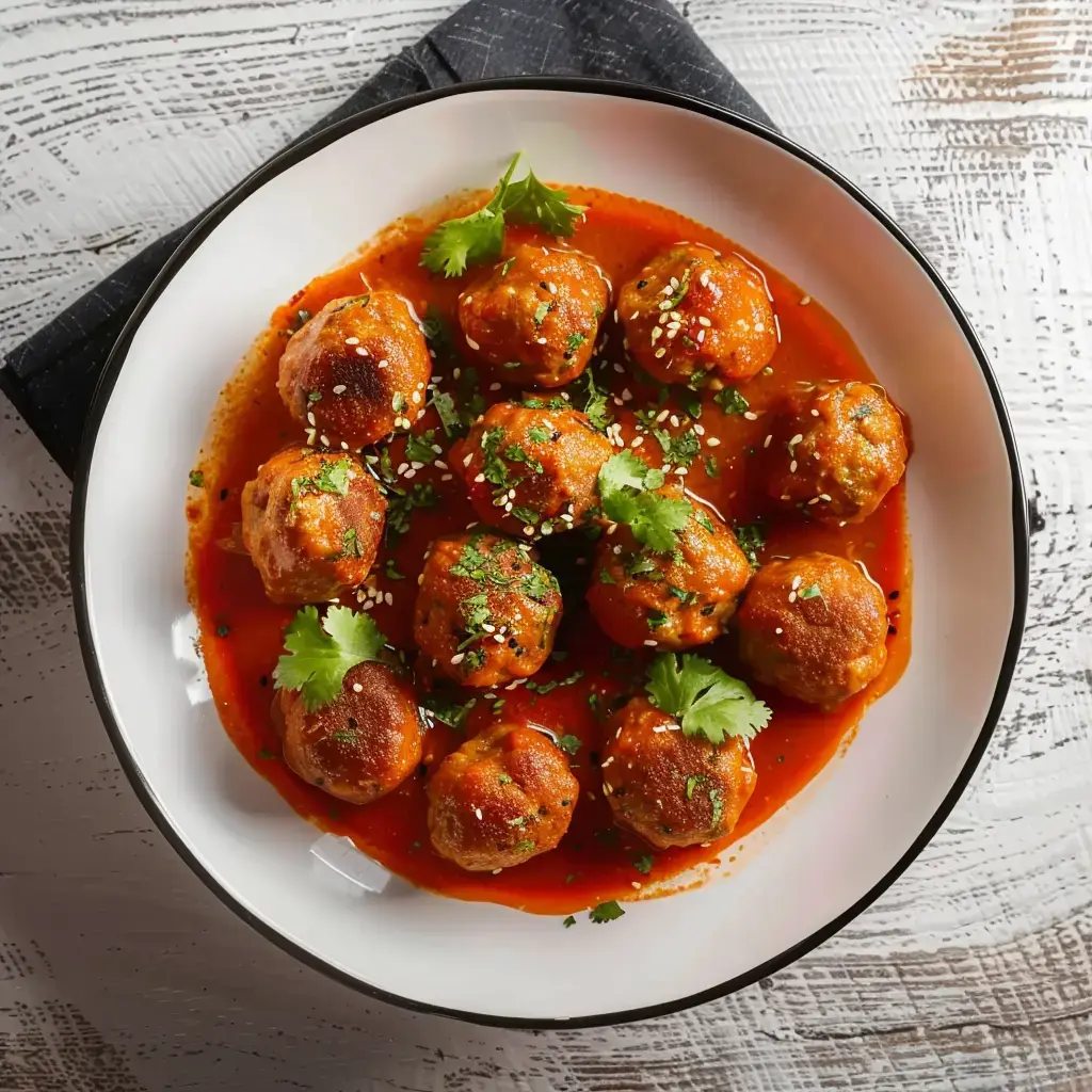 Boulettes de viande en sauce curry-coco, garnies de coriandre et graines de sésame, servies dans une assiette en céramique.