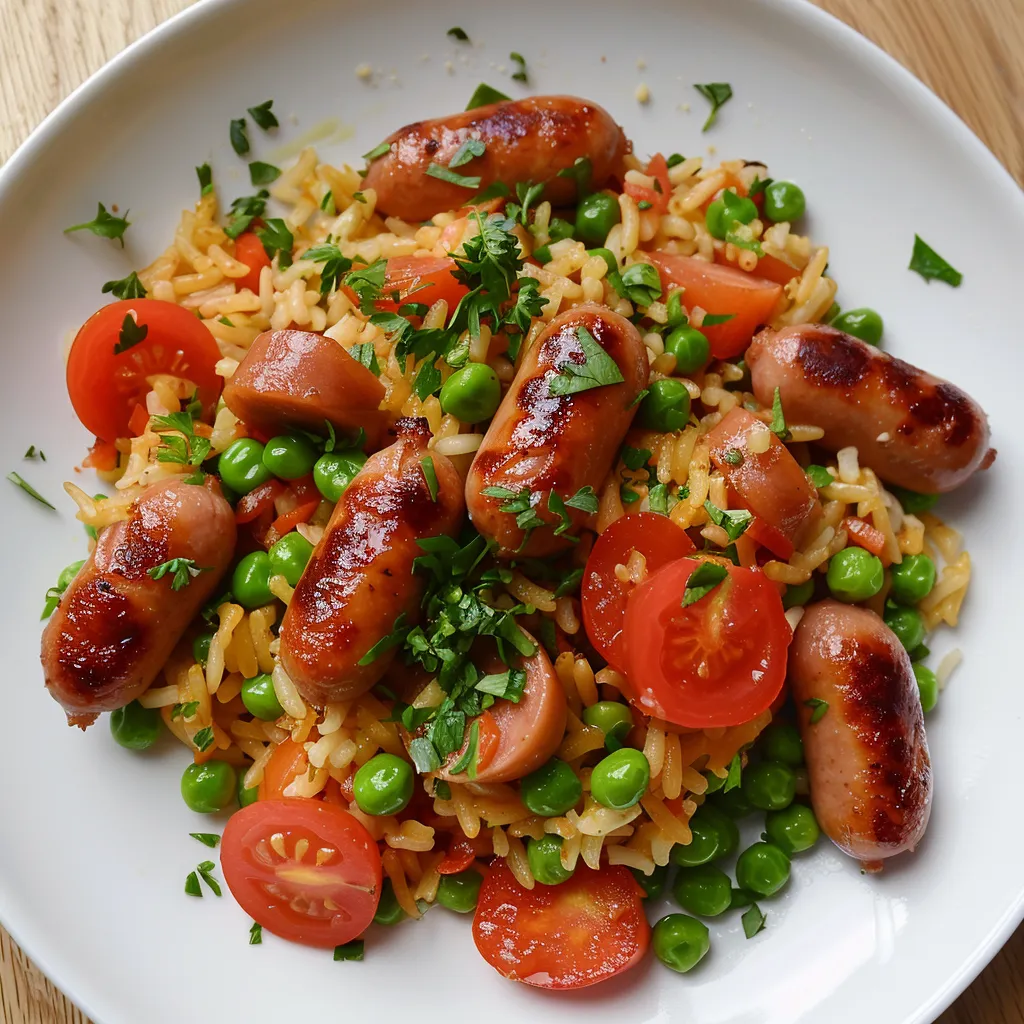Riz aux saucisses de Toulouse et petits pois