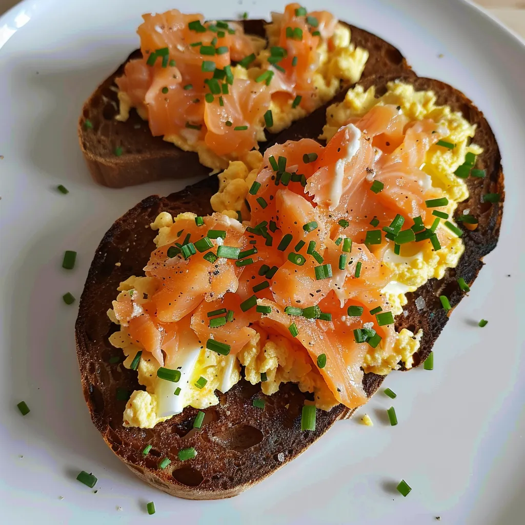 Tartine gourmande aux œufs brouillés et saumon fumé | Petit-déjeuner à la française