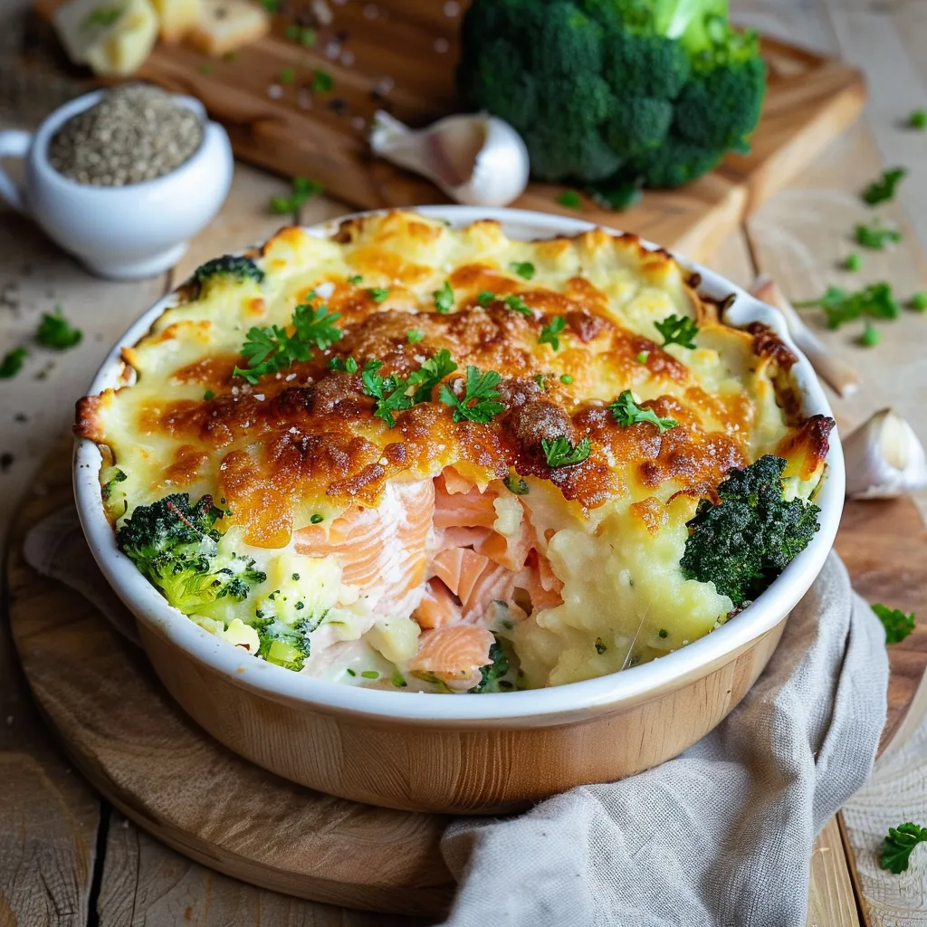 Parmentier au saumon et brocolis gratiné au four