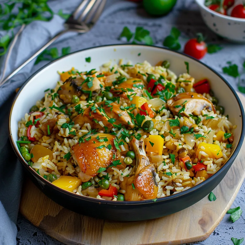 Riz au four à la française avec poulet fermier et légumes de saison
