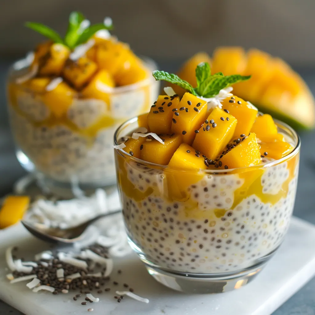 Pudding de chia au lait de coco et mangue fraîche