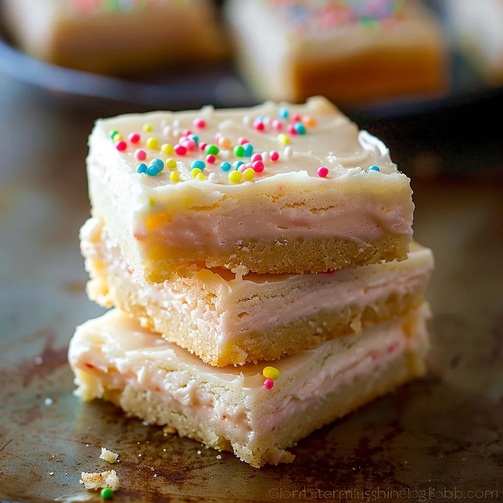 Carrés sucrés au fromage à la crème avec une base de biscuit beurrée.
