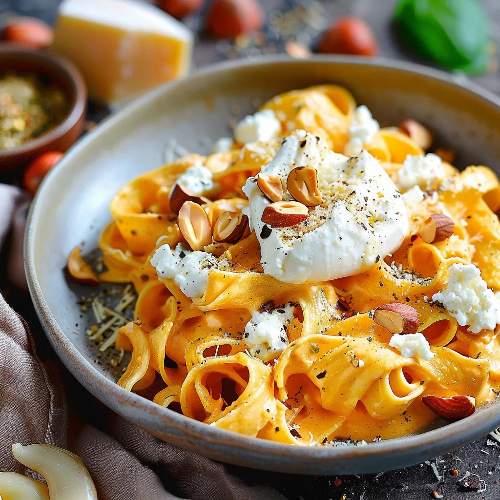 Délicieuses pâtes carottes et burrata avec noisettes