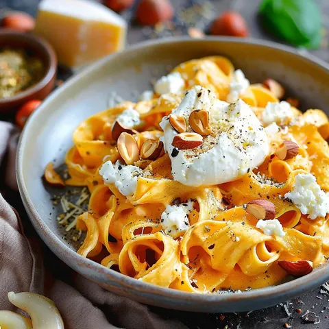 Délicieuses pâtes carottes et burrata avec noisettes