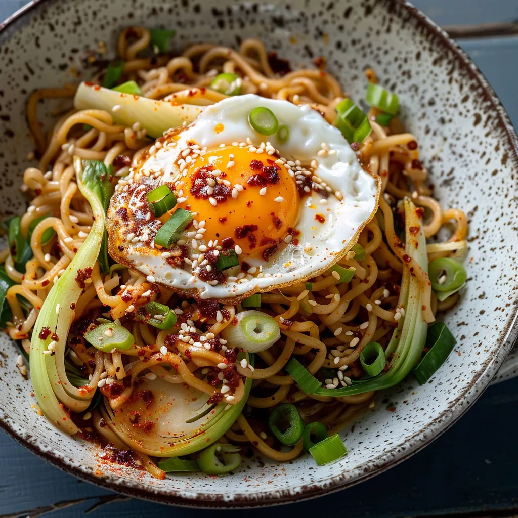 Nouilles épicées et œuf frit - Recette facile et pimentée
