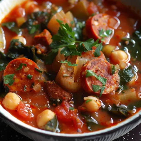 Chaud bol de soupe espagnole garnie au chorizo et légumes