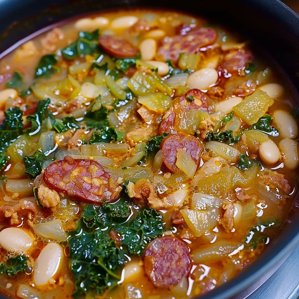 Chou frisé, haricots blancs et chorizo en soupe