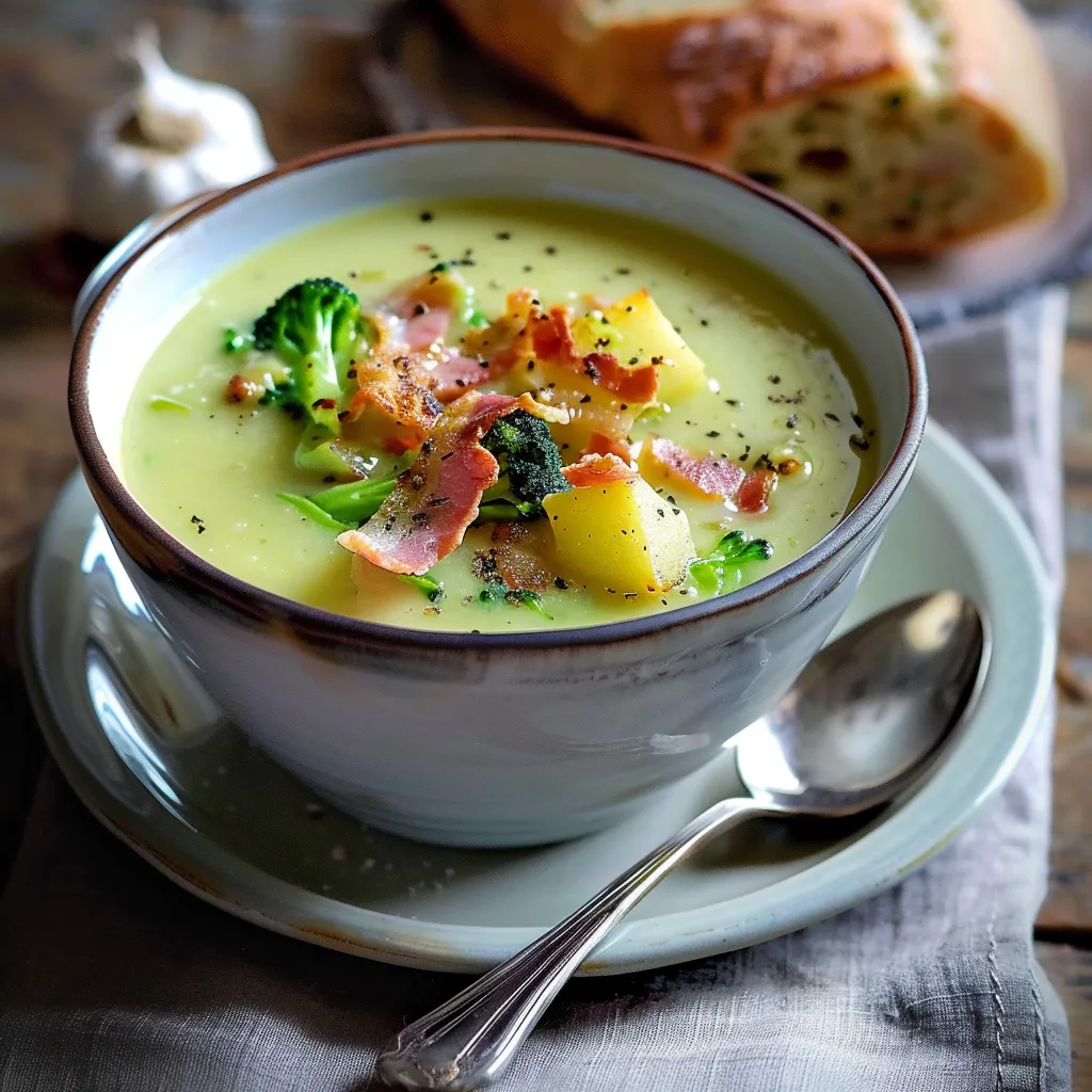 Soupe brocoli crémeuse au Boursin avec bacon croustillant