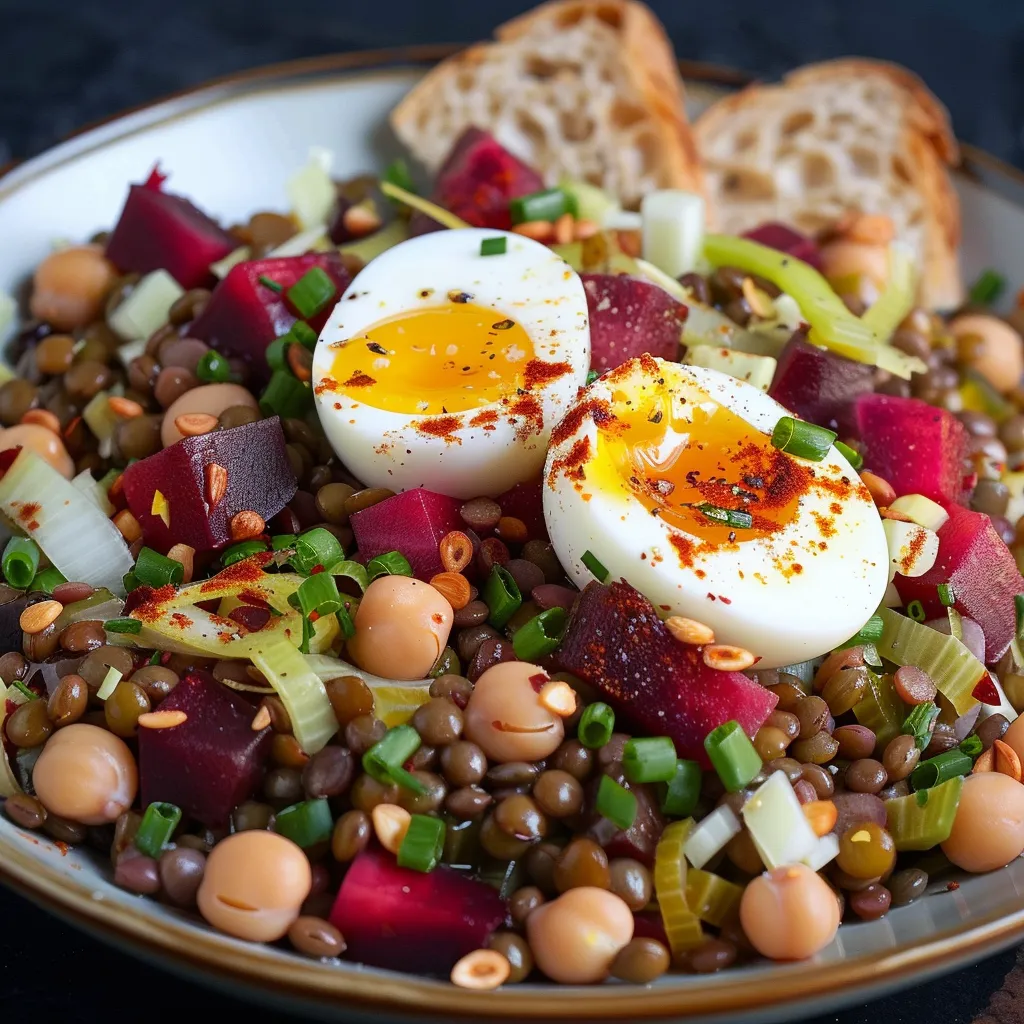 Salade de Lentilles aux Pois Chiches, Poireaux et Betterave