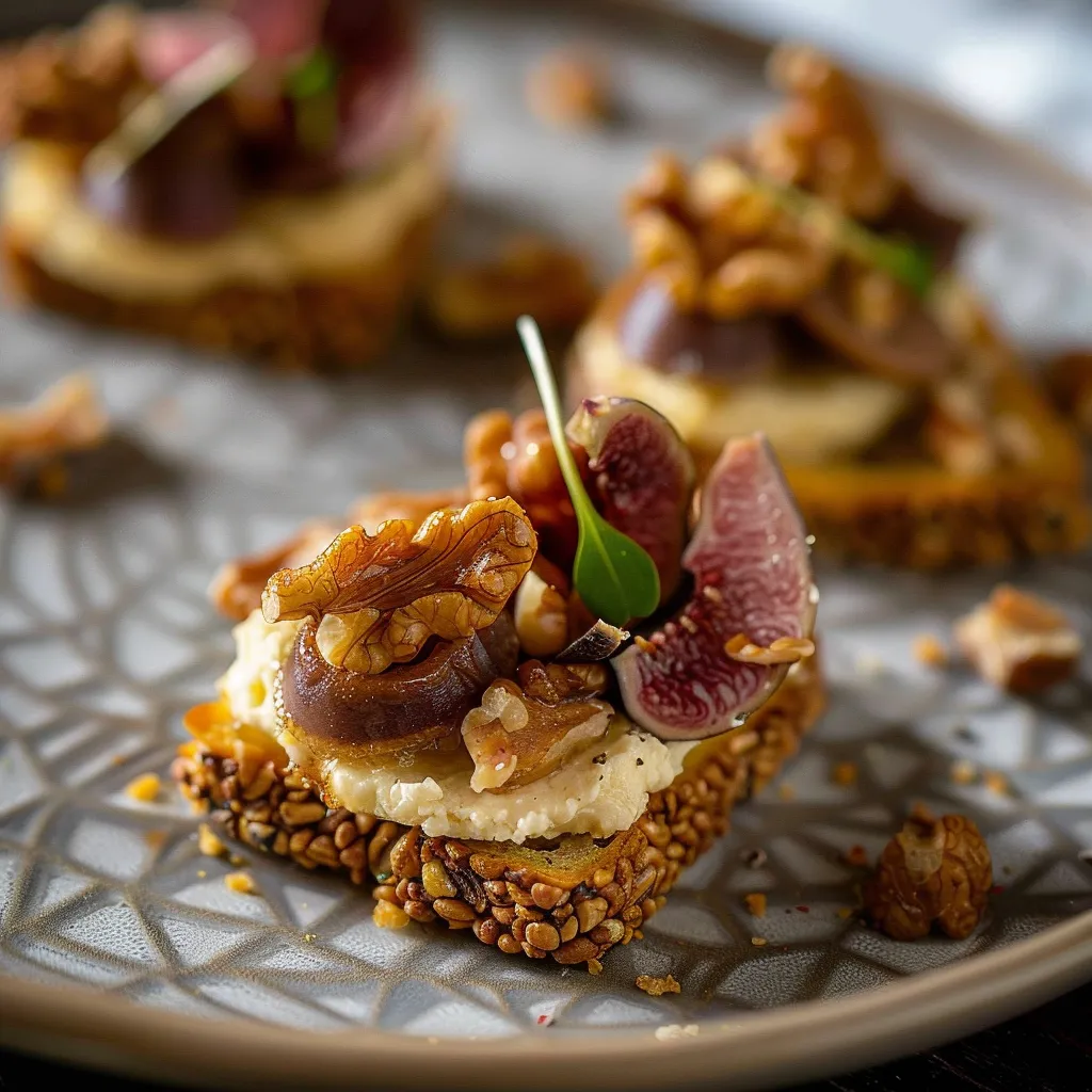 Toast de pain épices au magret, noix caramélisées et fromage figue-noix
