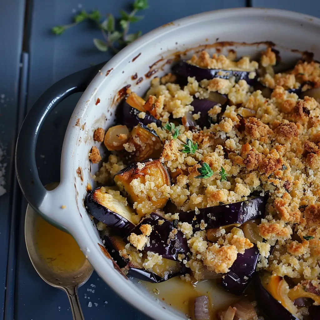 Plat d’aubergines caramélisées et crumble
