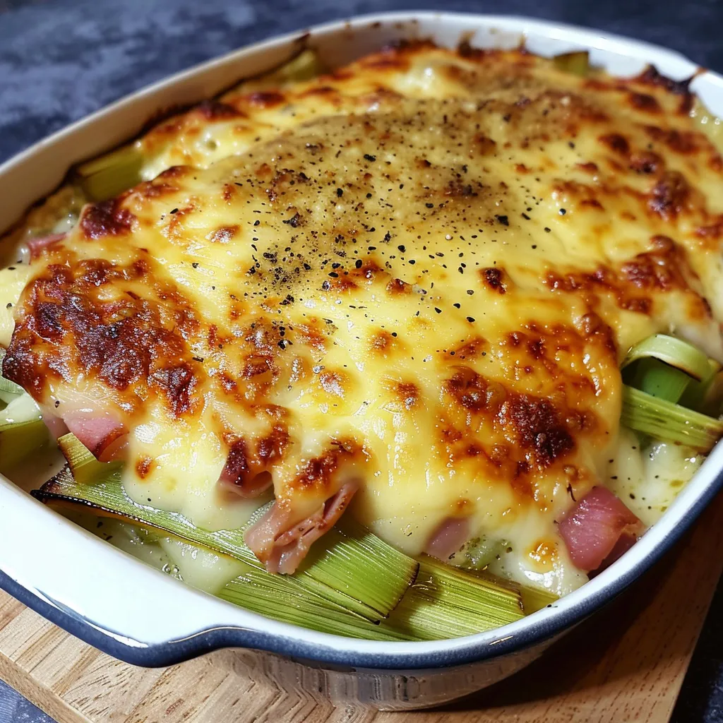 Poireaux roulés au jambon et gratinés à la béchamel