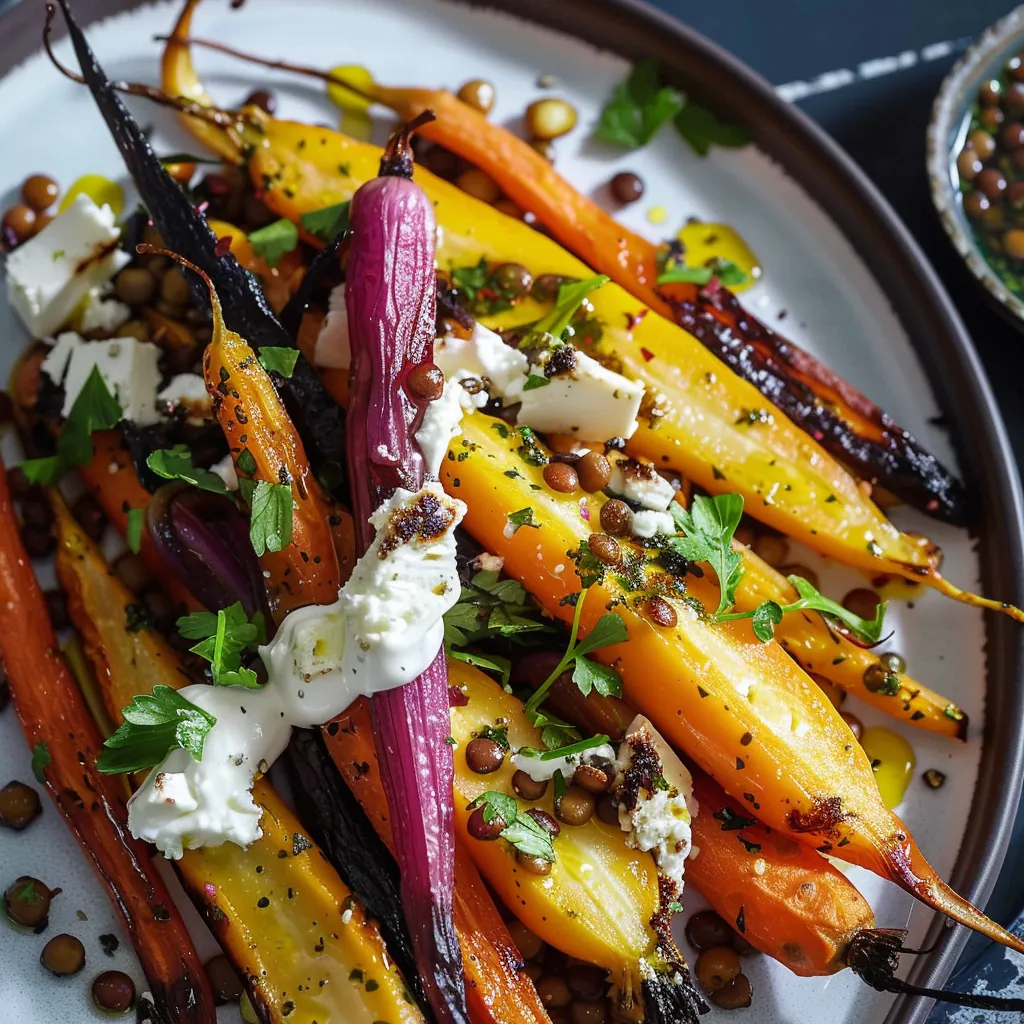 Panais et carottes rôties avec sauce à la fêta